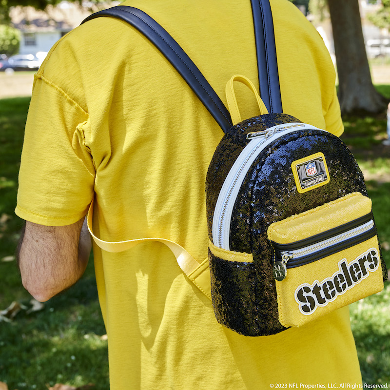 Image of man facing away from camera wearing the NFL Pittsburgh Steelers Sequin Mini Backpack 